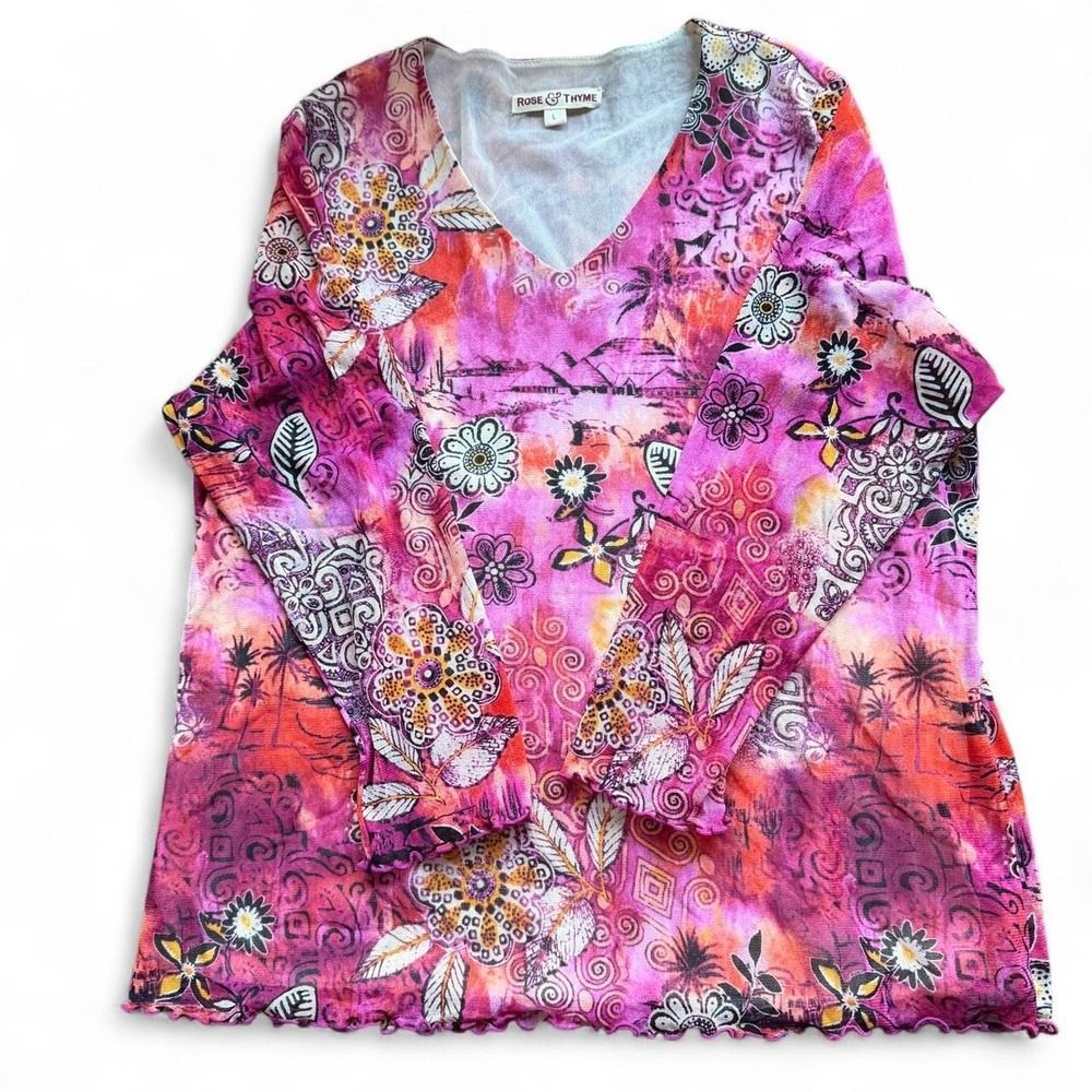 Rose & Thyme Pink Floral Paisley Lettuce Hem V-Neck Blouse Large Fairycore Boho